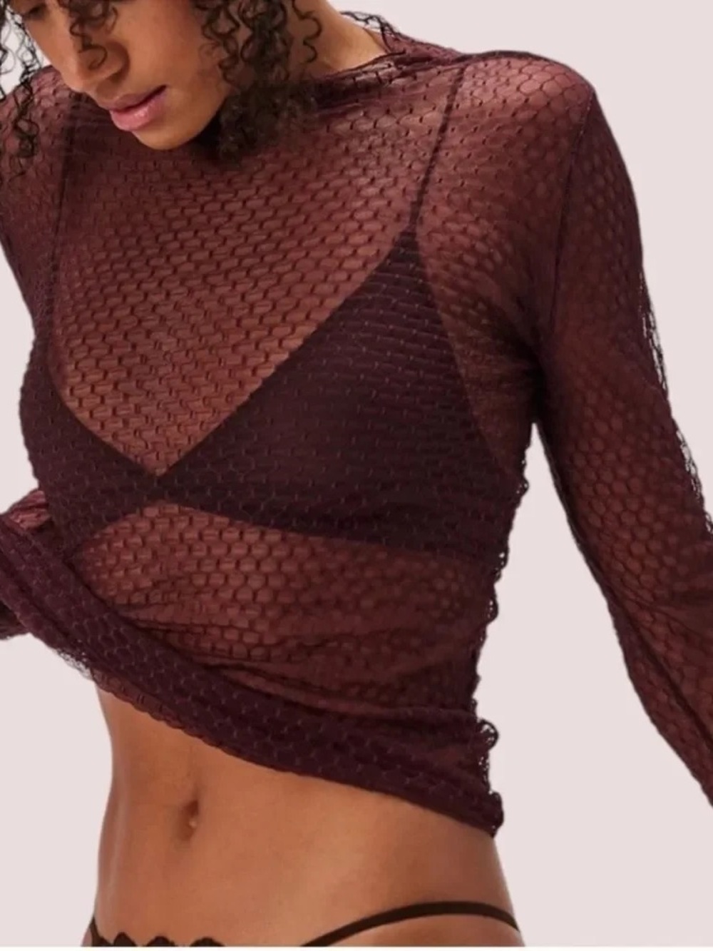 🍷 Free People Minding My Business Sheer Lace Top Wine NWT M